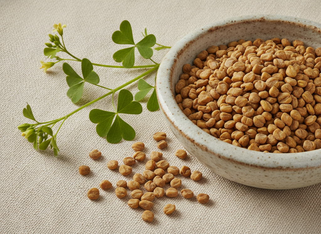 Close view of fenugreek seeds from a fenugreek plant