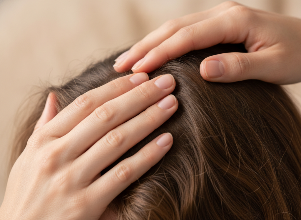 Close view of gentle scalp massage hair technique