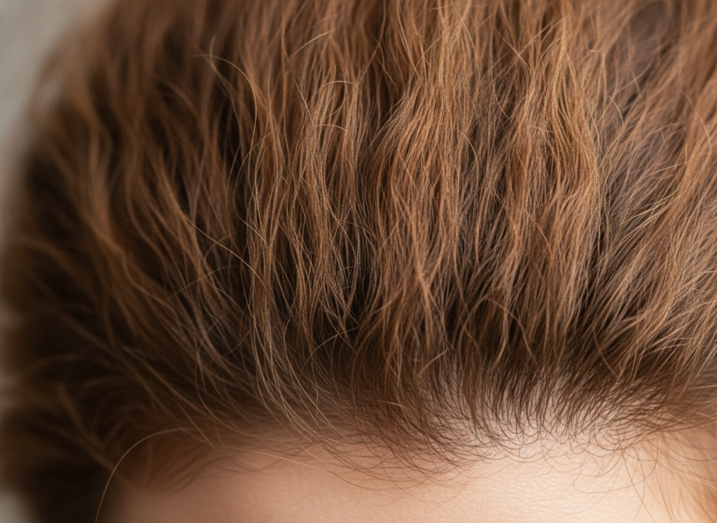 Close view of healthy hair strands and scalp