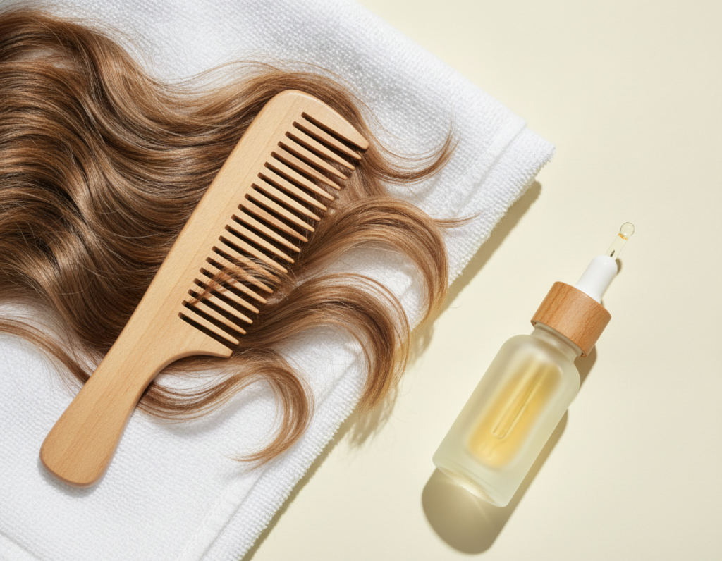 Close view of healthy hair texture and scalp care tools