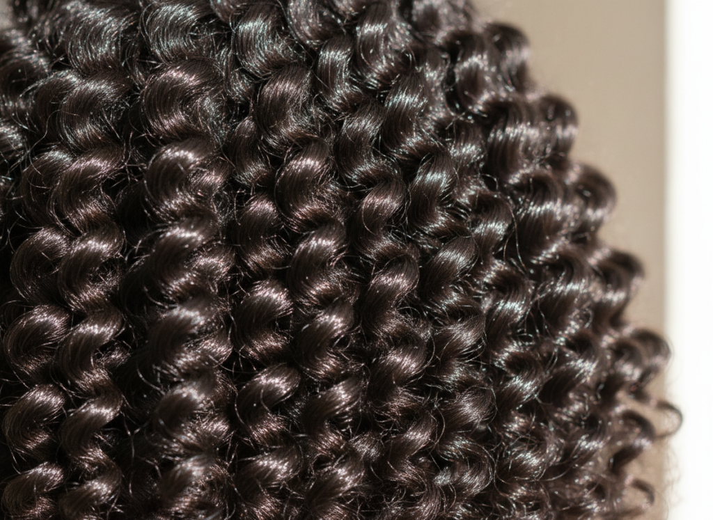 Close view of natural hair strands and curl definition Close view of natural hair strands and curl definition