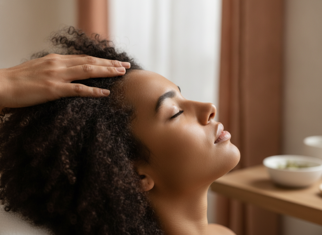 Close view of scalp massage for hair growth and relaxed hands