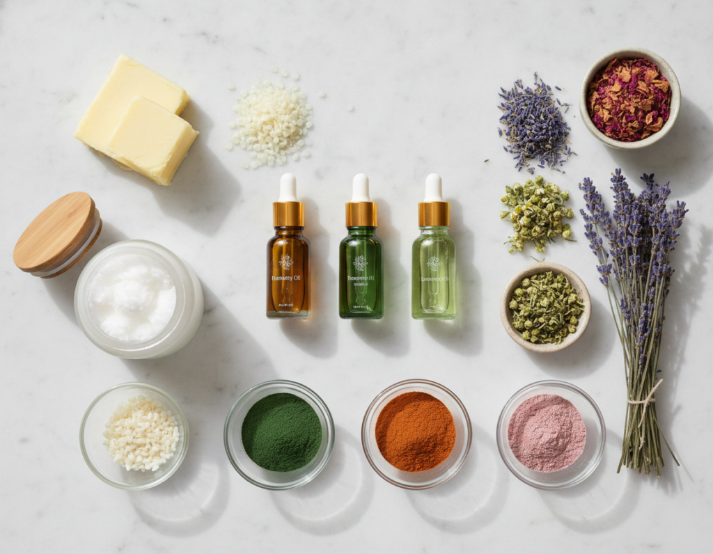 Collection of natural skin care ingredients and essential oils