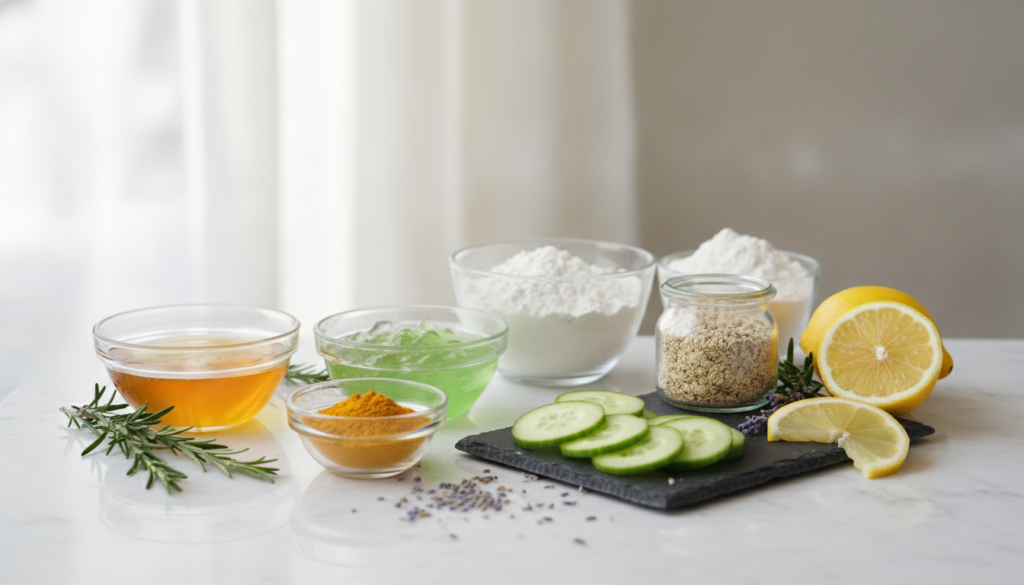 Collection of natural skincare ingredients including honey, aloe vera, clay and botanical extracts Collection of natural skincare ingredients including honey, aloe vera, clay and botanical extracts