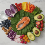 Colorful array of fresh fruits and vegetables promoting clear skin