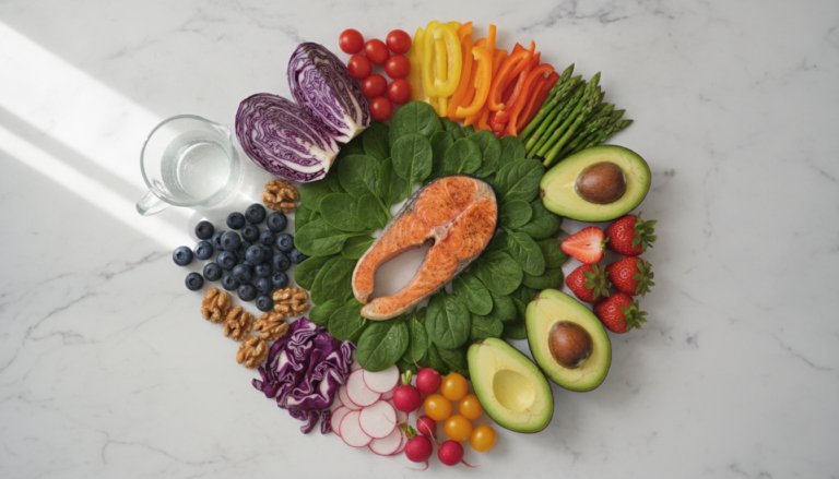 Colorful array of fresh fruits and vegetables promoting clear skin