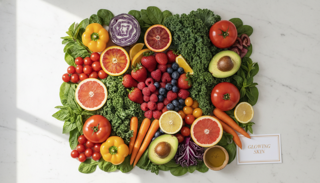 Colorful array of fresh fruits and vegetables rich in vitamins for glowing skin