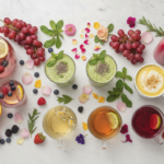 Colorful array of healthy drinks for glowing skin including green smoothies, fruit infused water, and herbal teas