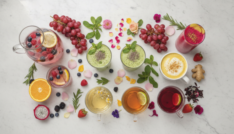 Colorful array of healthy drinks for glowing skin including green smoothies, fruit infused water, and herbal teas