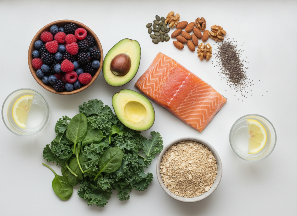 Colorful array of skin-healthy foods including berries, vegetables, and salmon