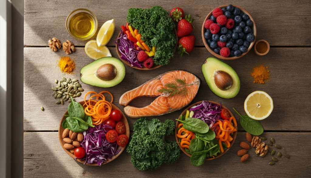 Colorful array of skin-healthy foods on wooden table