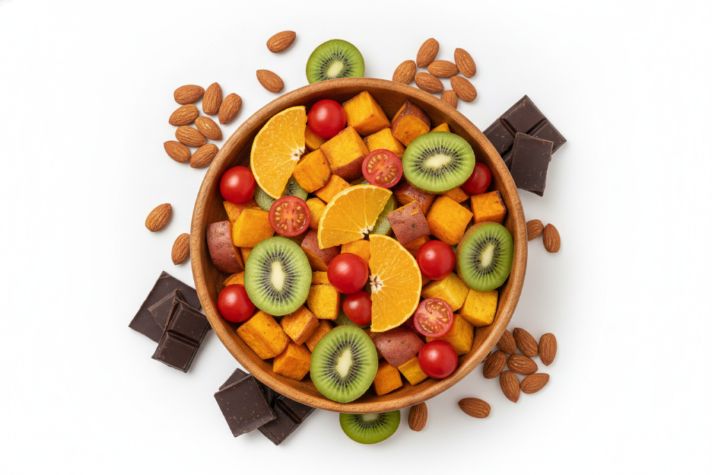 Colorful array of skin superfoods Colorful array of skin superfoods