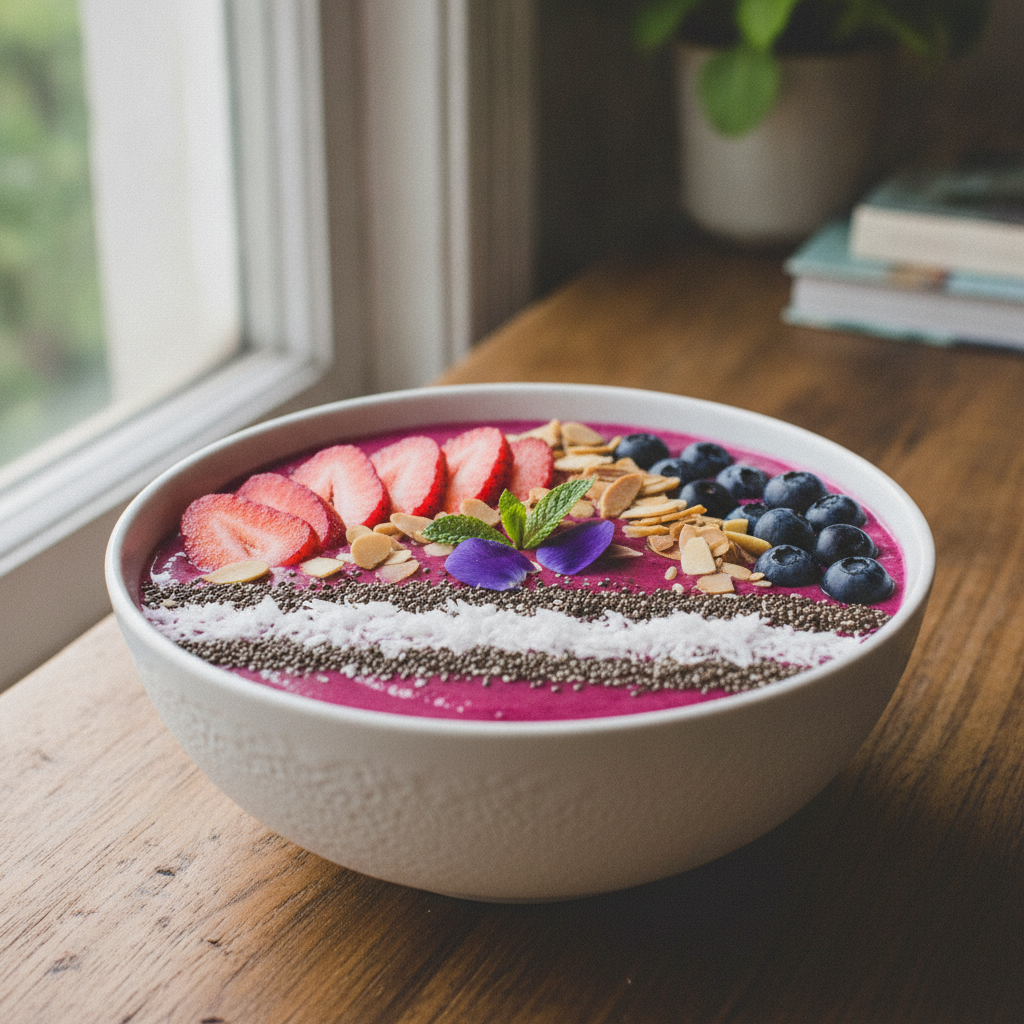 Colorful smoothie bowl topped with berries and nuts Colorful smoothie bowl topped with berries and nuts