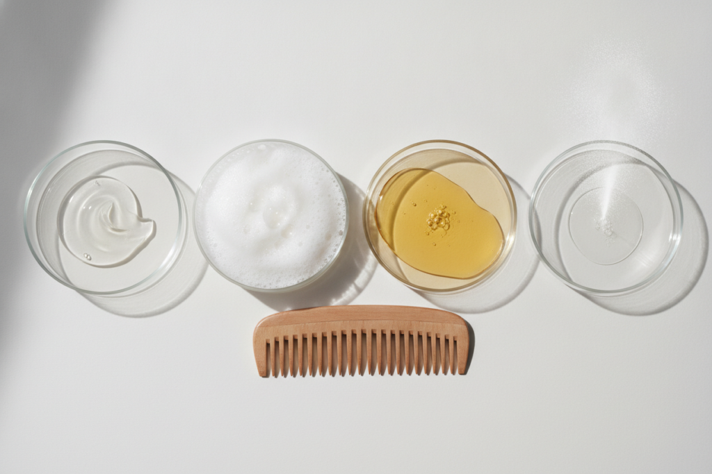 Comparison of hair care product textures on a clean surface