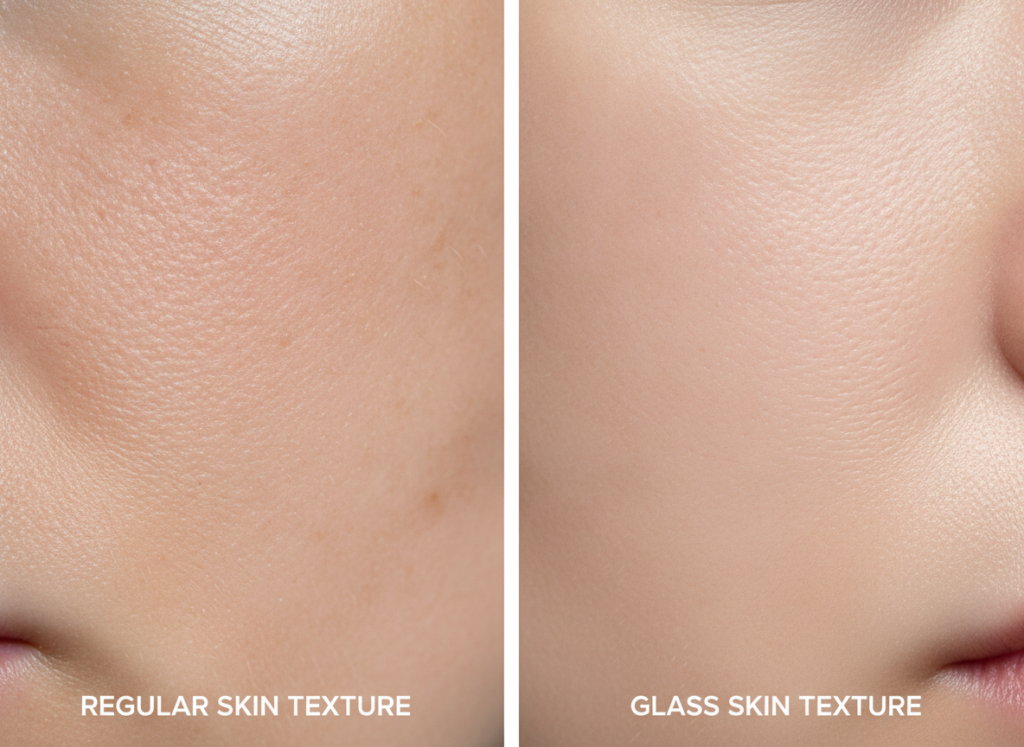 Comparison showing difference between regular skin and glass skin texture