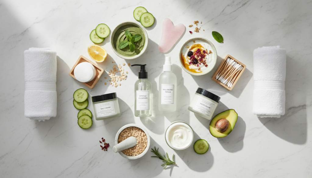 Complete natural skincare routine layout with various products and tools Complete natural skincare routine layout with various products and tools