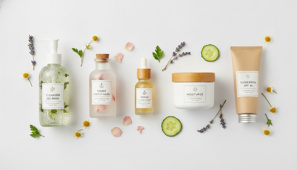Complete natural skincare routine products arranged for clear skin regimen