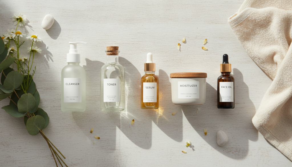 Complete natural skincare routine products arranged in order of application