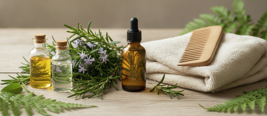 Complete rosemary hair oil routine with bottle and natural ingredients Complete rosemary hair oil routine with bottle and natural ingredients