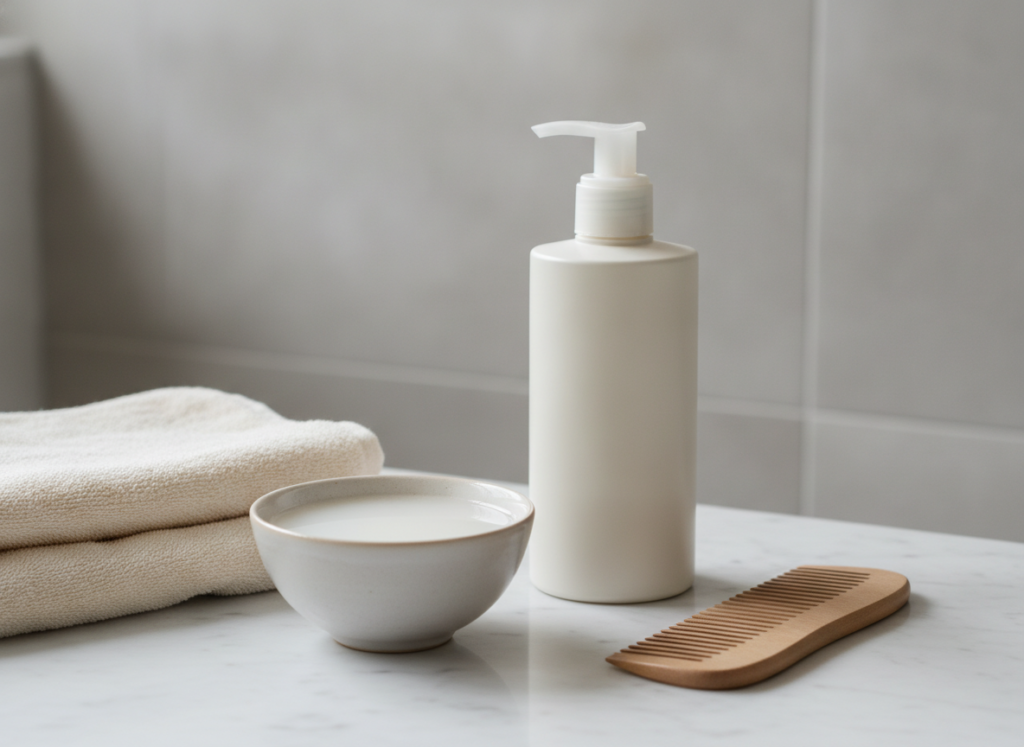 Conditioner and diluted rice water prepared for a gentler hair rinse Conditioner and diluted rice water prepared for a gentler hair rinse