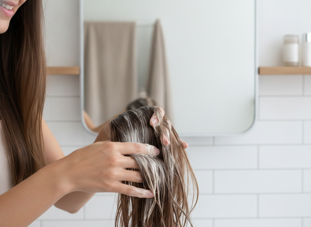 Conditioning hair mask applied to long hair