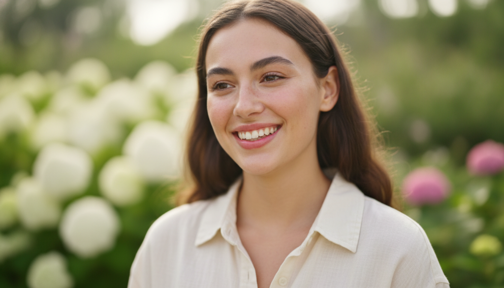 Confident person with clear radiant skin smiling genuinely