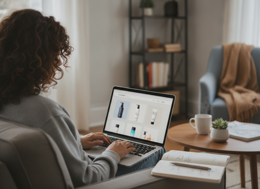 Consumer comparing derma roller products on a laptop