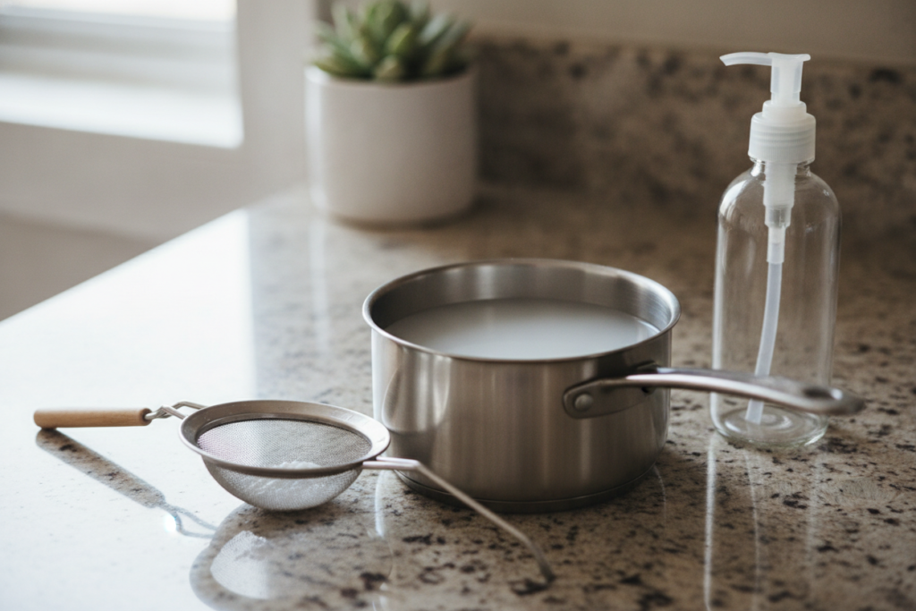 Cooling boiled rice water in a saucepan before hair application Cooling boiled rice water in a saucepan before hair application