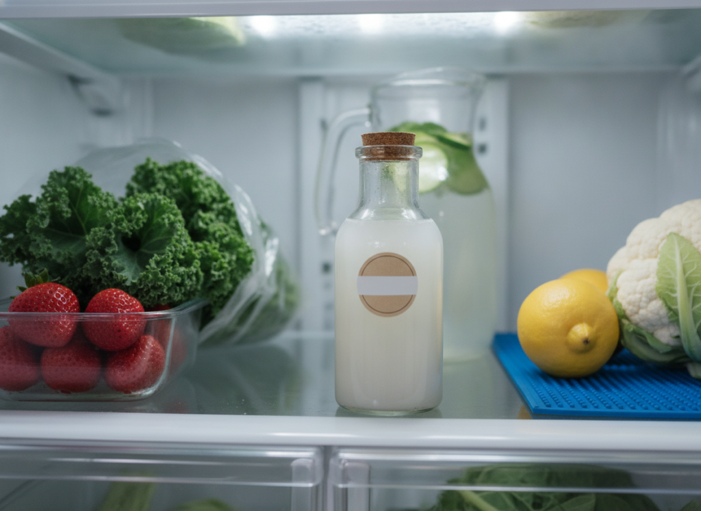 Covered bottle of freshly prepared rice water stored safely in a refrigerator Covered bottle of freshly prepared rice water stored safely in a refrigerator