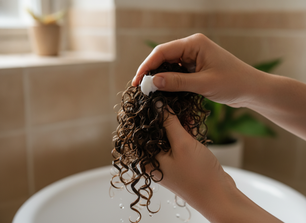Curl cream being applied to soaking wet hair