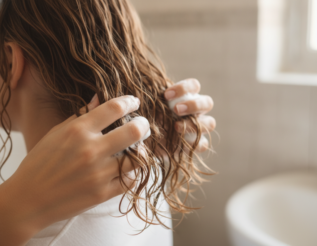 Curl defining foam on damp wavy hair Curl defining foam on damp wavy hair