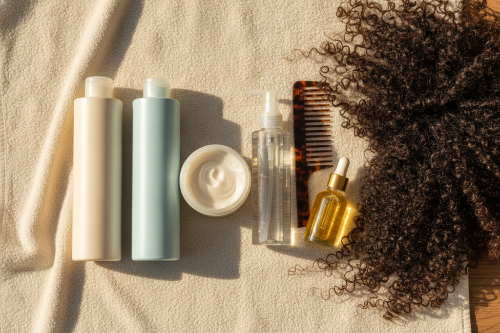 Curl shampoo conditioner duo and styling products beside defined curls