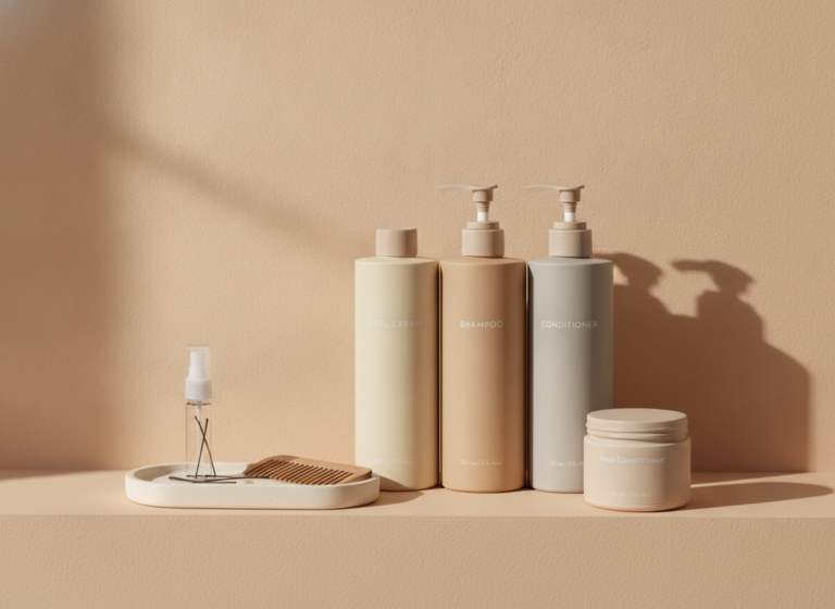 Curly Hair Products Aesthetic shelf with organized curl products