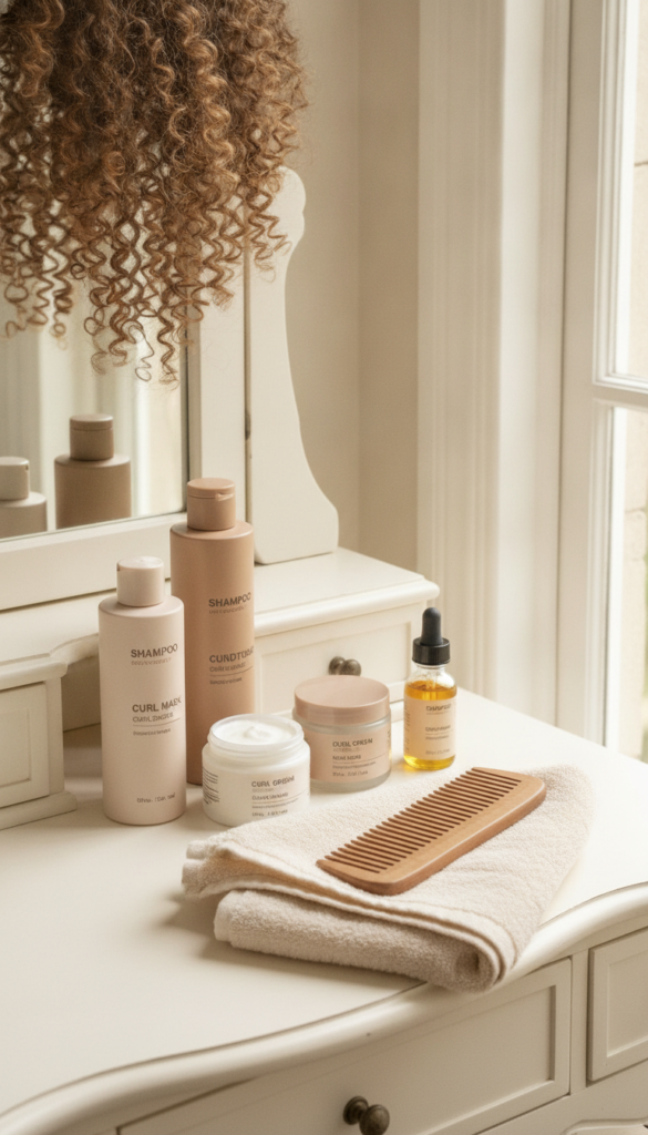 Curly Hair Products Aesthetic vertical Pinterest image with curl routine arrangement
