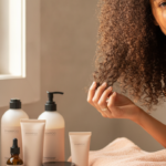 Curly Hair Routine Products arranged beside defined curls