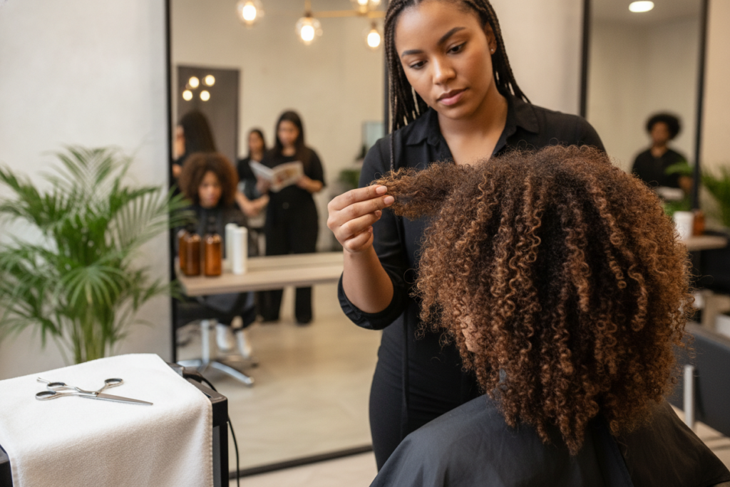 Curly hair ends being checked for split ends