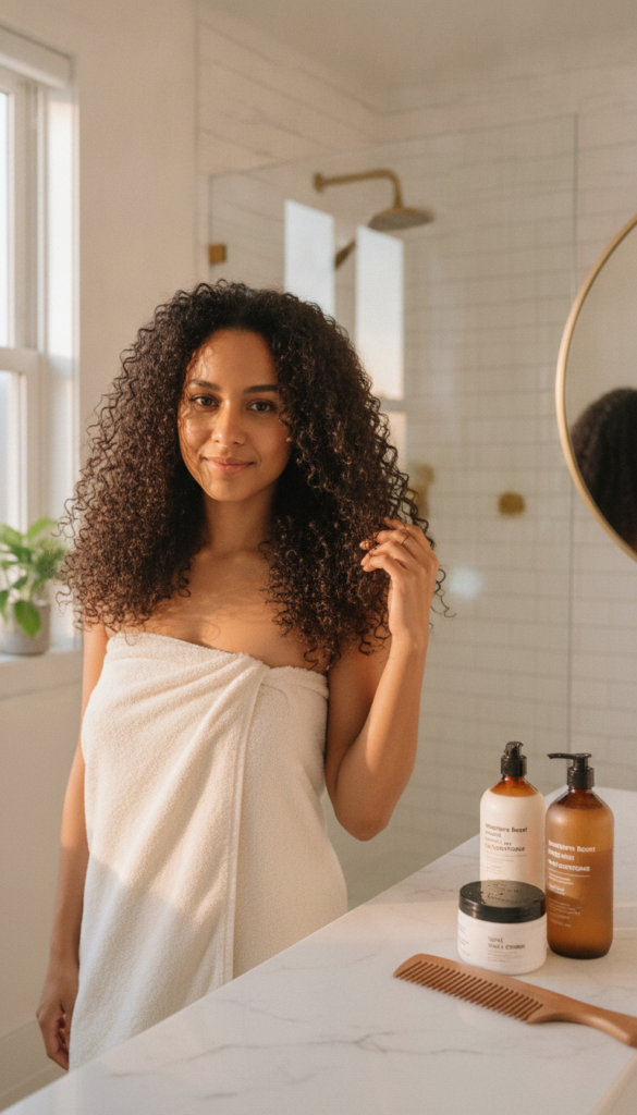 Curly hair routine with leave-in conditioner and curl styling products