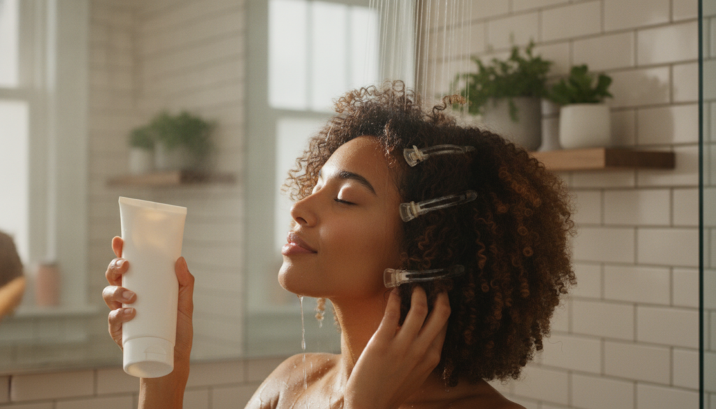 Curly hair wash routine with warm water and conditioner