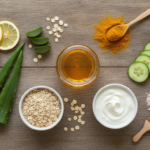 DIY Face Mask for Clear Skin with natural ingredients arranged on wooden surface