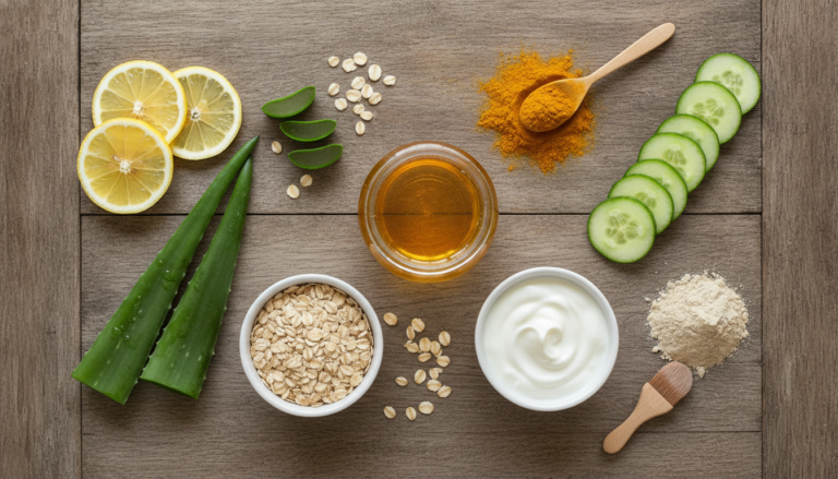 DIY Face Mask for Clear Skin with natural ingredients arranged on wooden surface