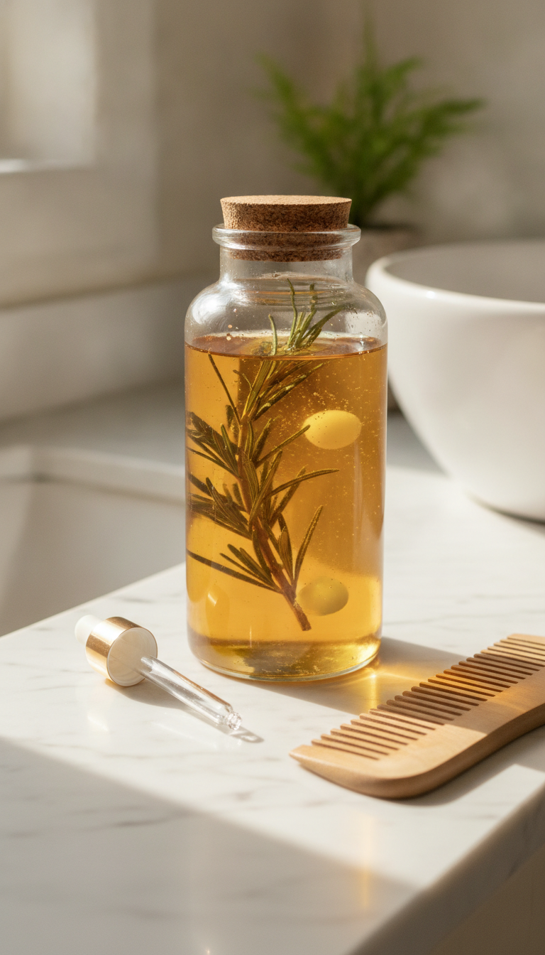 DIY Hair Oil for Hair Growth ingredients beside a glass jar