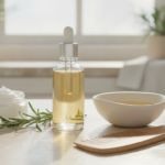 DIY Hair Oil for Hair Growth with rosemary and carrier oils on a clean table