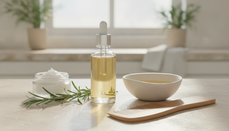 DIY Hair Oil for Hair Growth with rosemary and carrier oils on a clean table