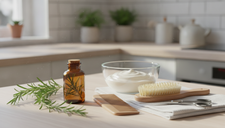 DIY Rosemary Oil for Hair Growth ingredients on a kitchen counter