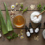 DIY skin care recipes with natural ingredients on wooden table