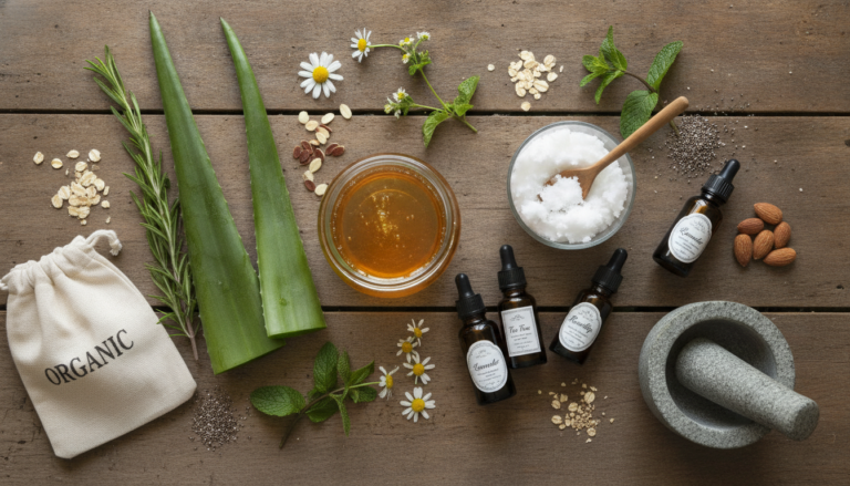 DIY skin care recipes with natural ingredients on wooden table