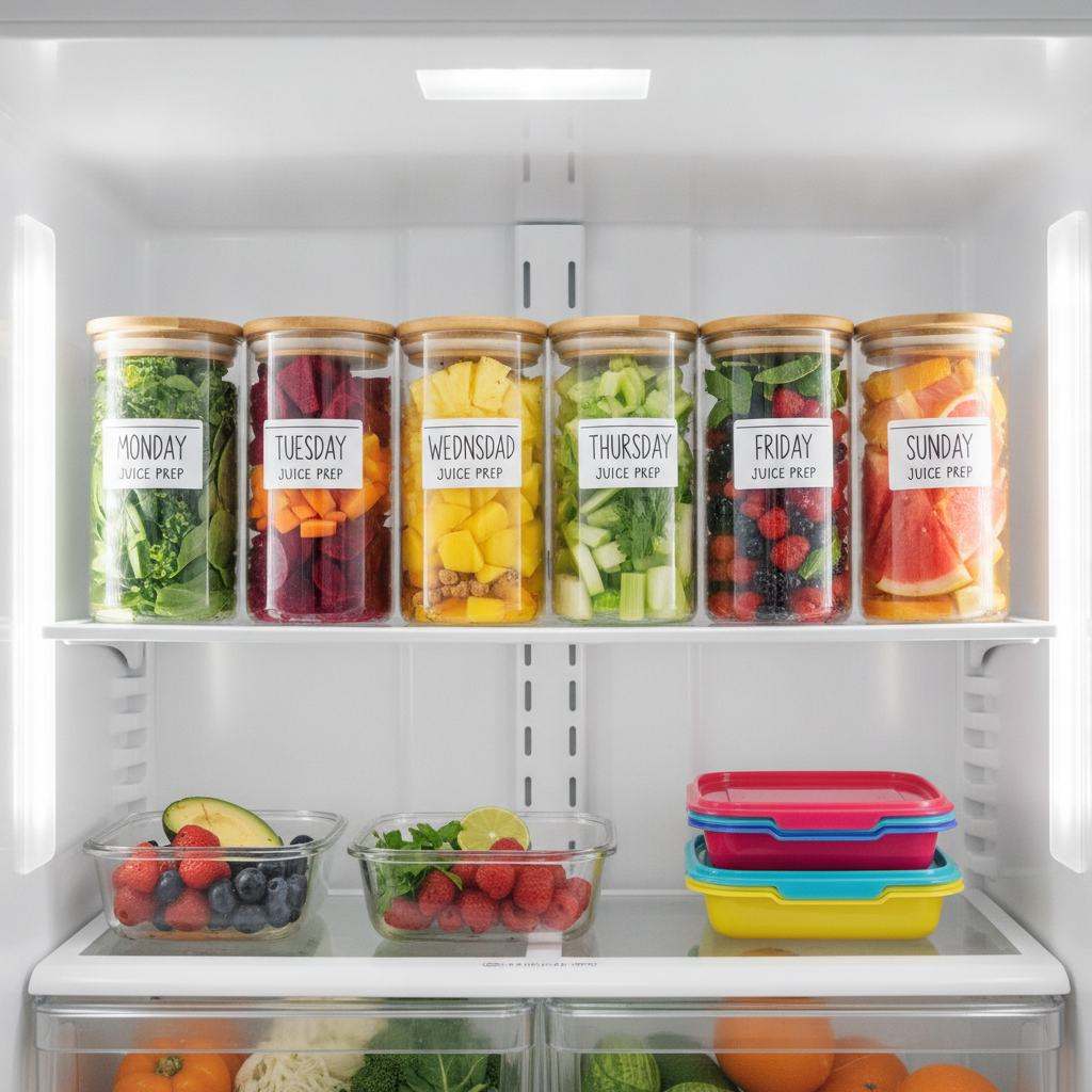 Daily juice routine for healthy glowing skin with organized meal prep