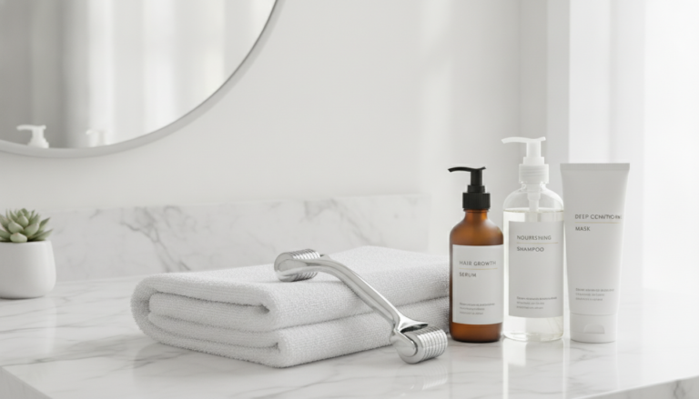 Derma Roller for Hair Growth beside a clean scalp care setup