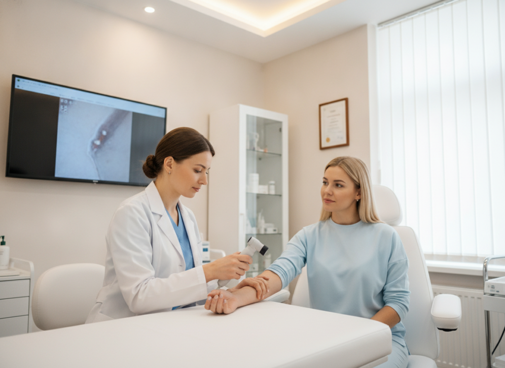 Dermatologist consultation examining patient skin condition