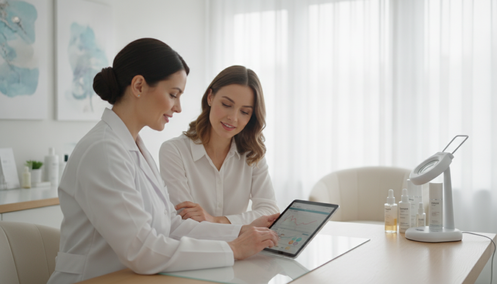 Dermatologist consulting with patient about skincare treatment options